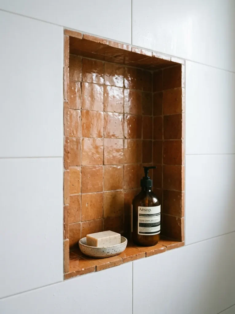 Shower niche with terracotta zellige tile interior contrasting with the surrounding large-format white porcelain shower wall