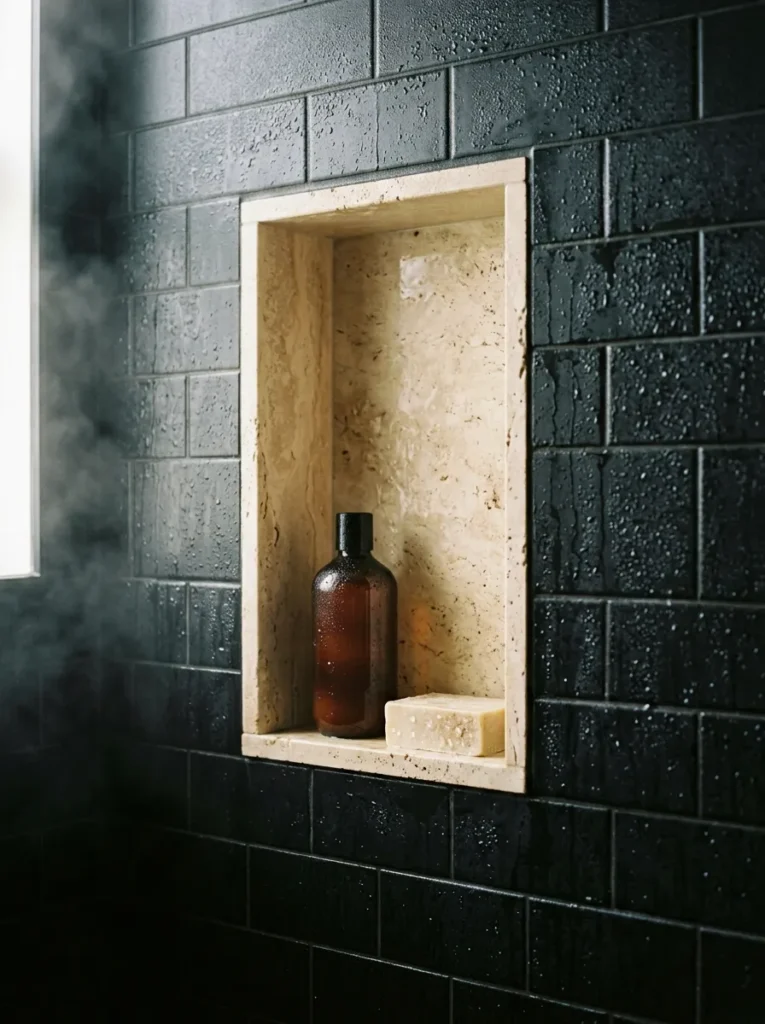 Recessed shower niche lined in cream honed travertine set into a matte black tiled shower wall with steam condensation visible