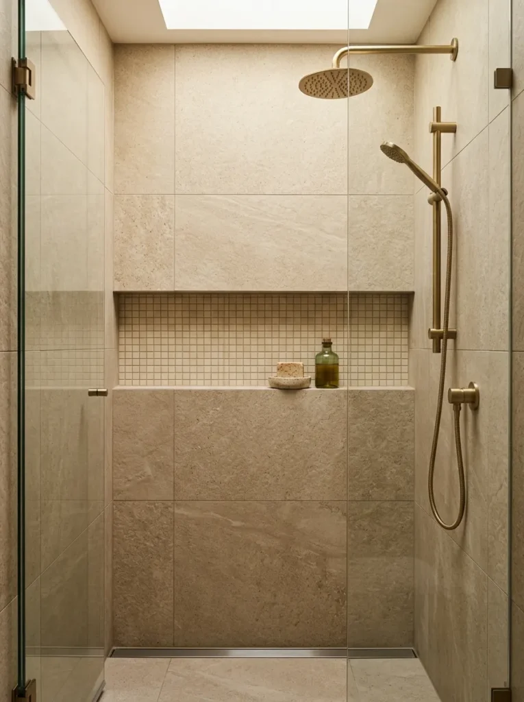 Shower with large-format sandy stone tiles and a recessed niche tiled in small ivory mosaic at contrasting scale, brushed brass shower fittings