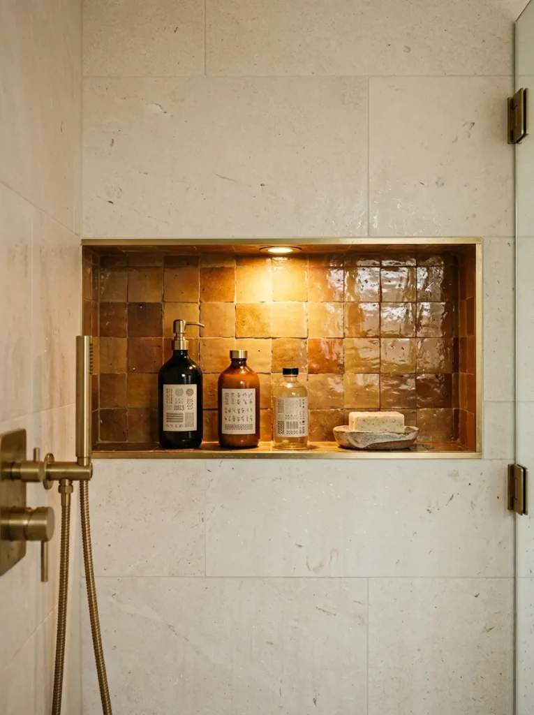 Wide horizontal shower niche tiled in warm caramel zellige tiles, recessed spotlight, holding bottles and soap against ivory stone wall tiles