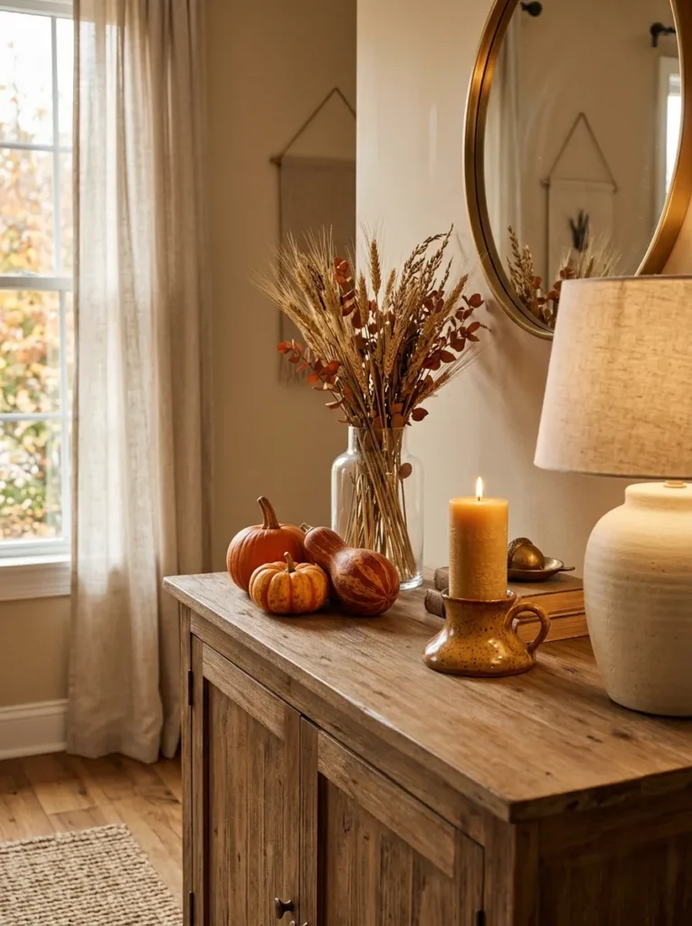Neutral sideboard styled for fall with a cluster of small pumpkins, dried wheat stems in a glass vase, and a beeswax candle in warm autumn light
