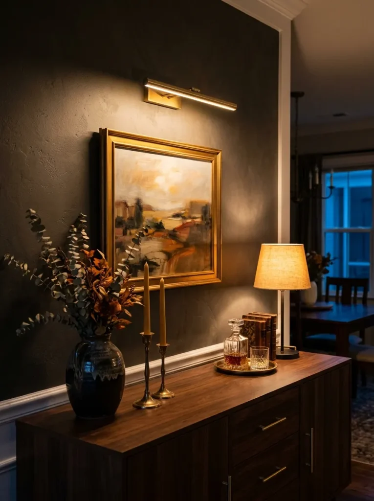 Dining room sideboard at evening with a picture light above framed artwork and a table lamp at one end, both emitting warm amber light