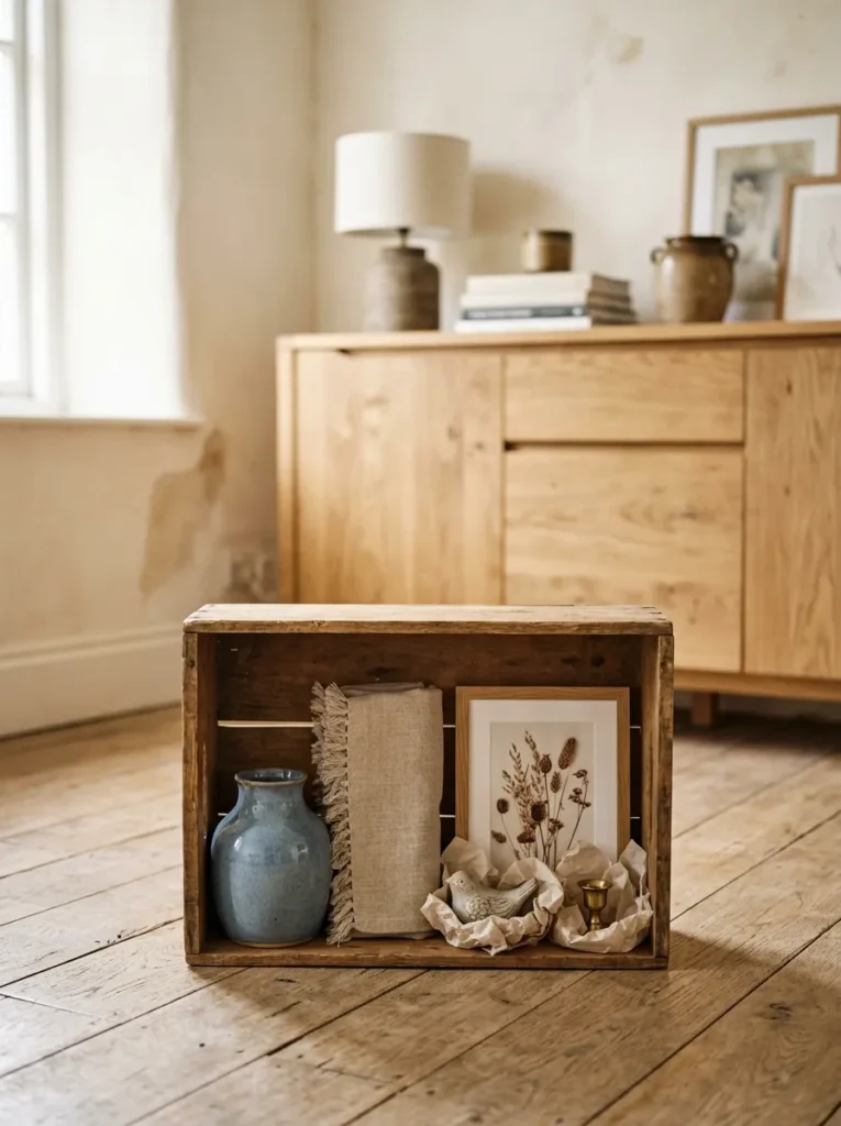 Natural oak sideboard in background with a small open wooden crate in front holding spare seasonal styling objects — a ceramic vase, folded runner, and framed print
