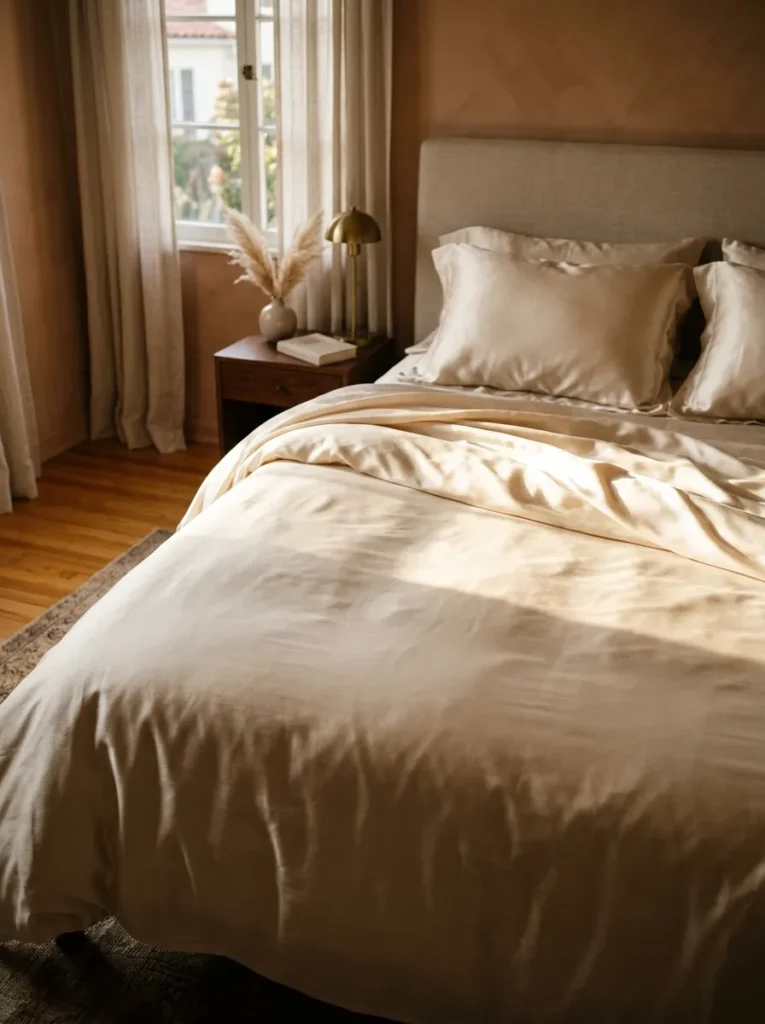 Silk sateen duvet cover in pale champagne catching light at multiple angles in a feminine bedroom