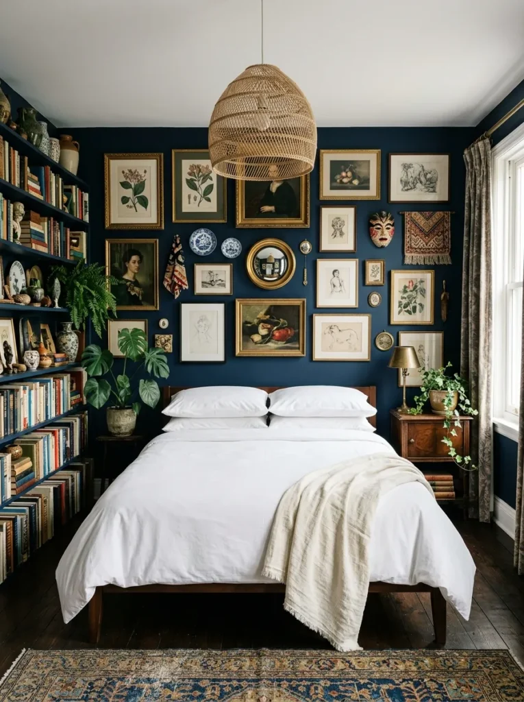 Apartment bedroom with deep navy walls, maximalist shelving, and framed prints, anchored by a simple all-white percale bed with a single cream throw
