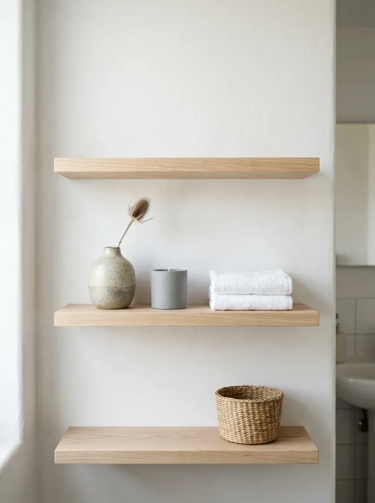 Three ash wood bathroom shelves with a curated grouping of a ceramic vase, candle, and washcloths on the middle shelf
