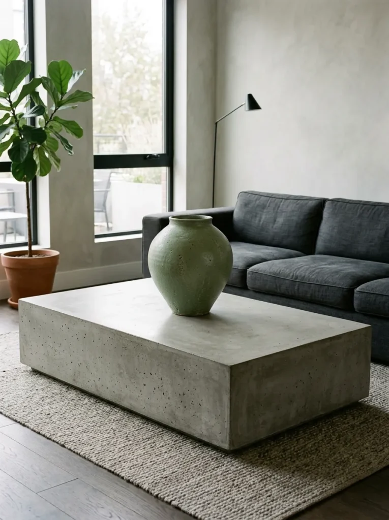 Single oversized sage green ceramic vessel centered on a large concrete coffee table with no other objects on the surface
