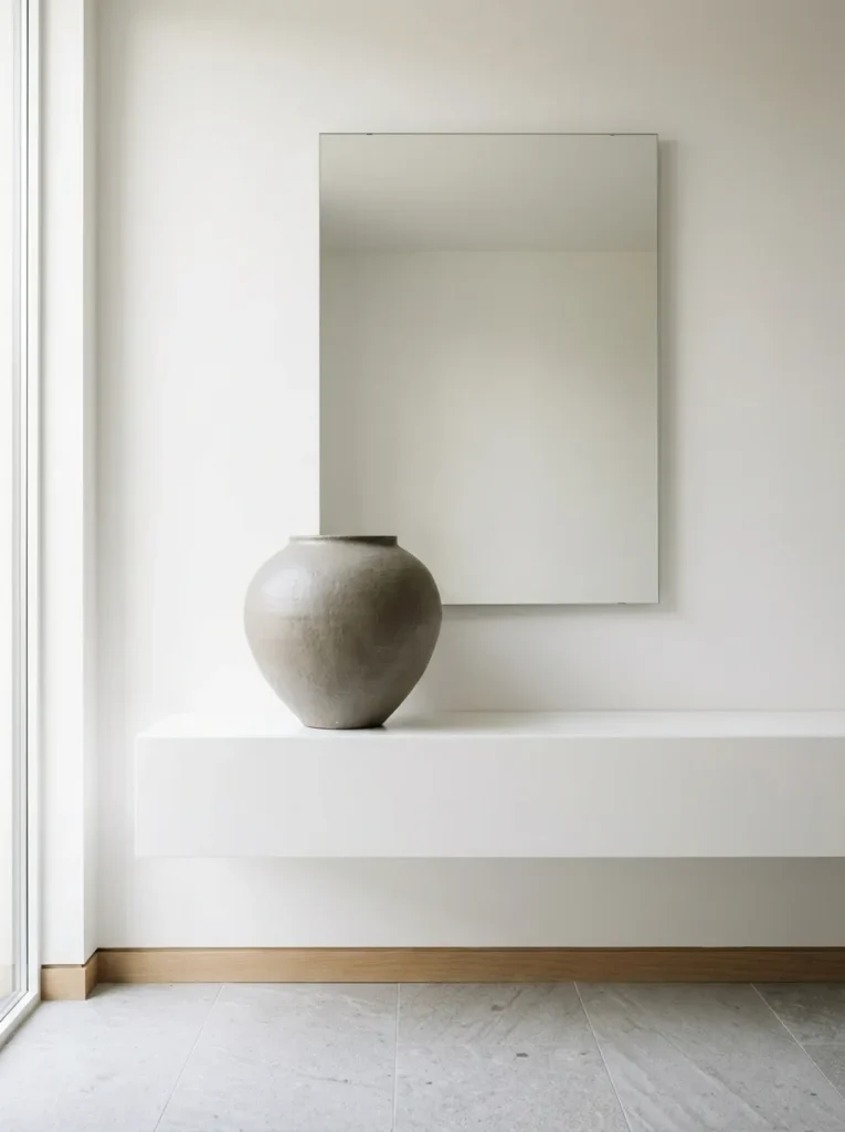 Single large matte grey ceramic vessel placed off-center on a white console table, the sole decorative element in a minimal entry