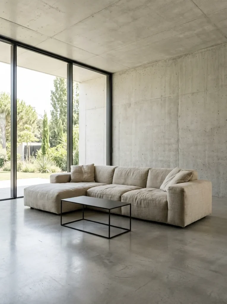 One exceptional oversized linen sofa in a near-empty minimalist luxury living room
