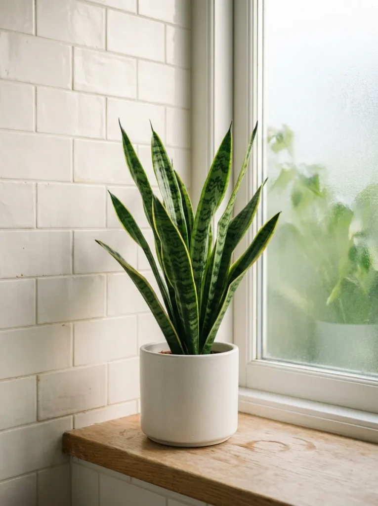 Single snake plant in a matte white ceramic pot on a bathroom shelf, architectural form visible against warm white tile in soft indirect light