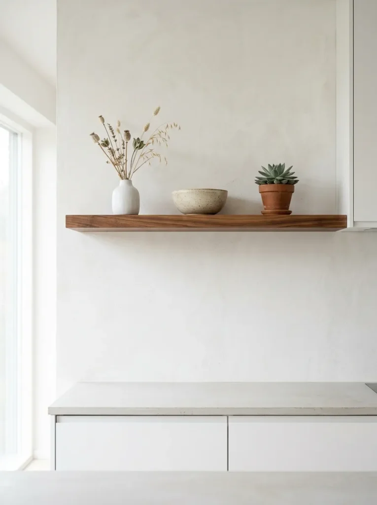 A single walnut floating shelf on a limewash plaster kitchen wall holding a ceramic vase with dried stems, a stoneware bowl, and a small potted succulent, with clear space around each object
