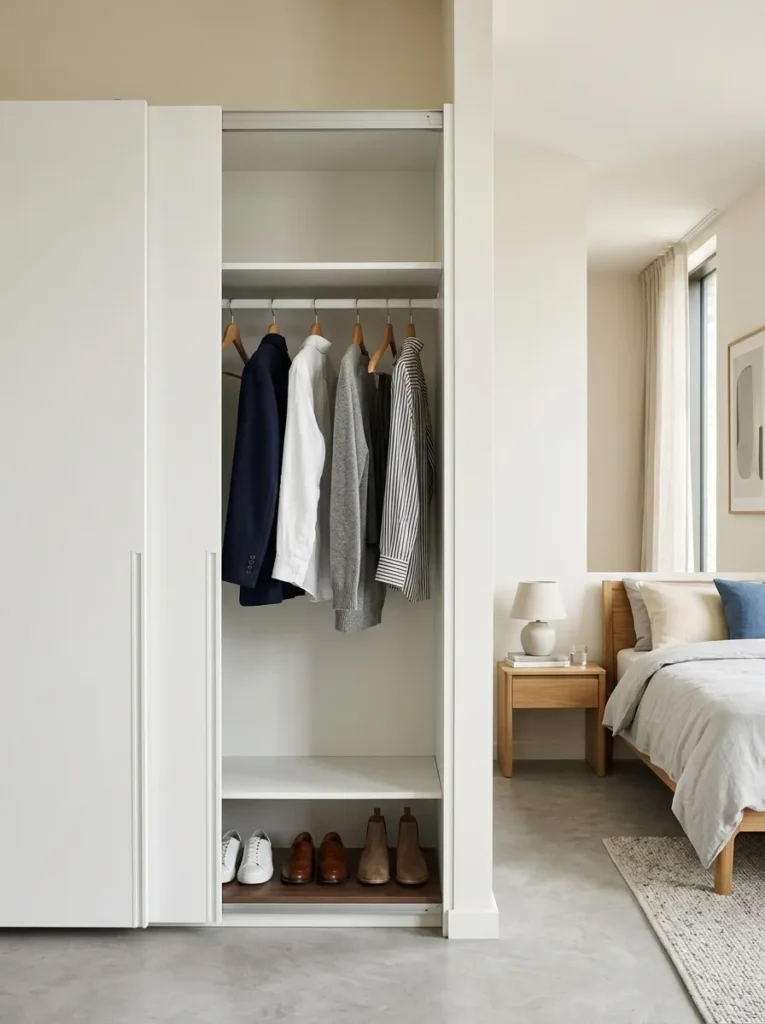 Full-height sliding matte white wardrobe with one door open revealing hanging clothes, with unobstructed floor clearance in front in a small bedroom
