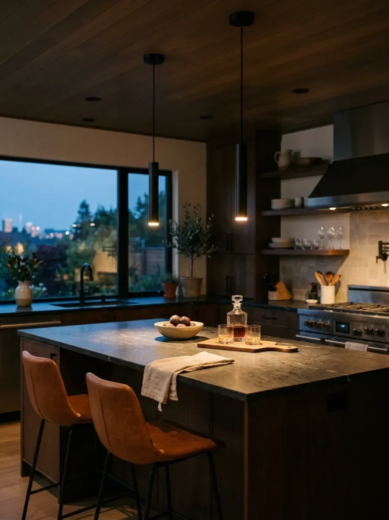 Two slim matte black cylindrical pendants glowing above a kitchen island at dusk, casting warm light onto the stone countertop
