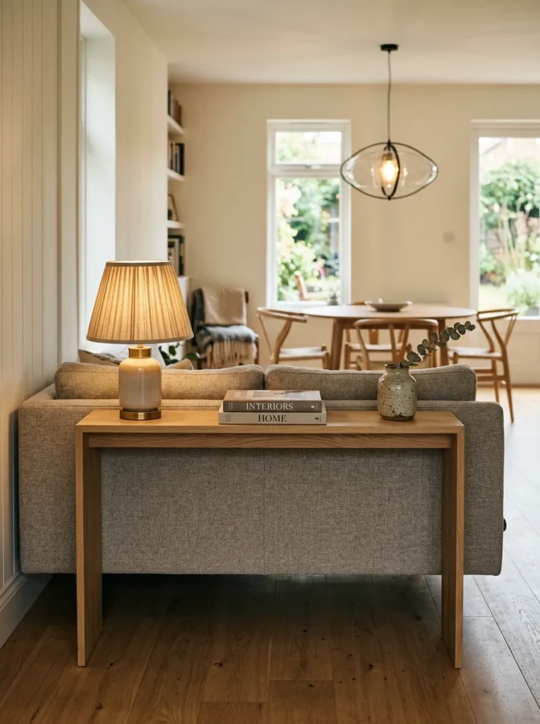 Slim oak console table behind a floating sofa with a table lamp, books, and a ceramic vessel, the dining pendant visible in the background
