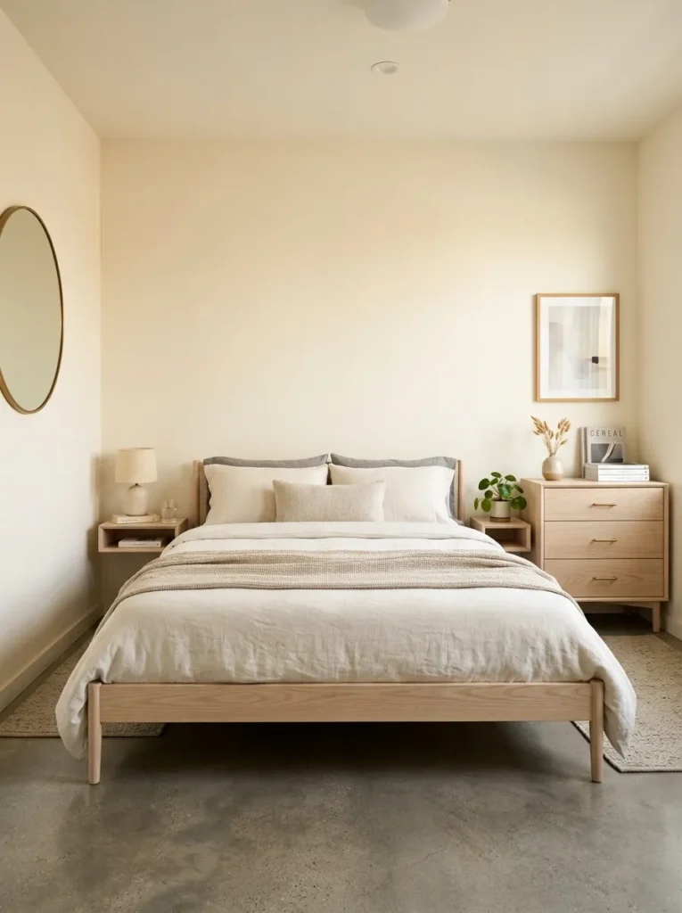 Compact bedroom with slim-profile ash wood furniture — a low-armed bed frame, narrow floating nightstands, and a three-drawer dresser — leaving clear floor space
