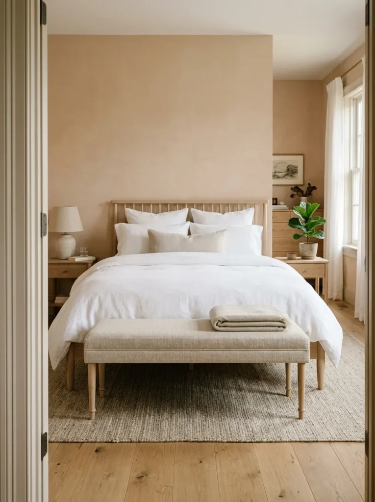 Narrow linen bench with ash legs positioned at the foot of a queen bed, a folded blanket resting on top, in a bedroom with terracotta walls and woven rug
