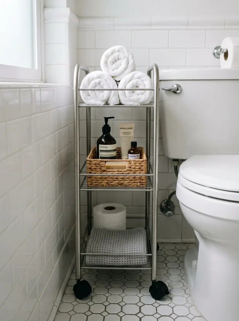 Slim stainless steel rolling cart in the gap beside a bathroom toilet, top shelf holding rolled white towels upright and lower shelves with bathroom supplies

