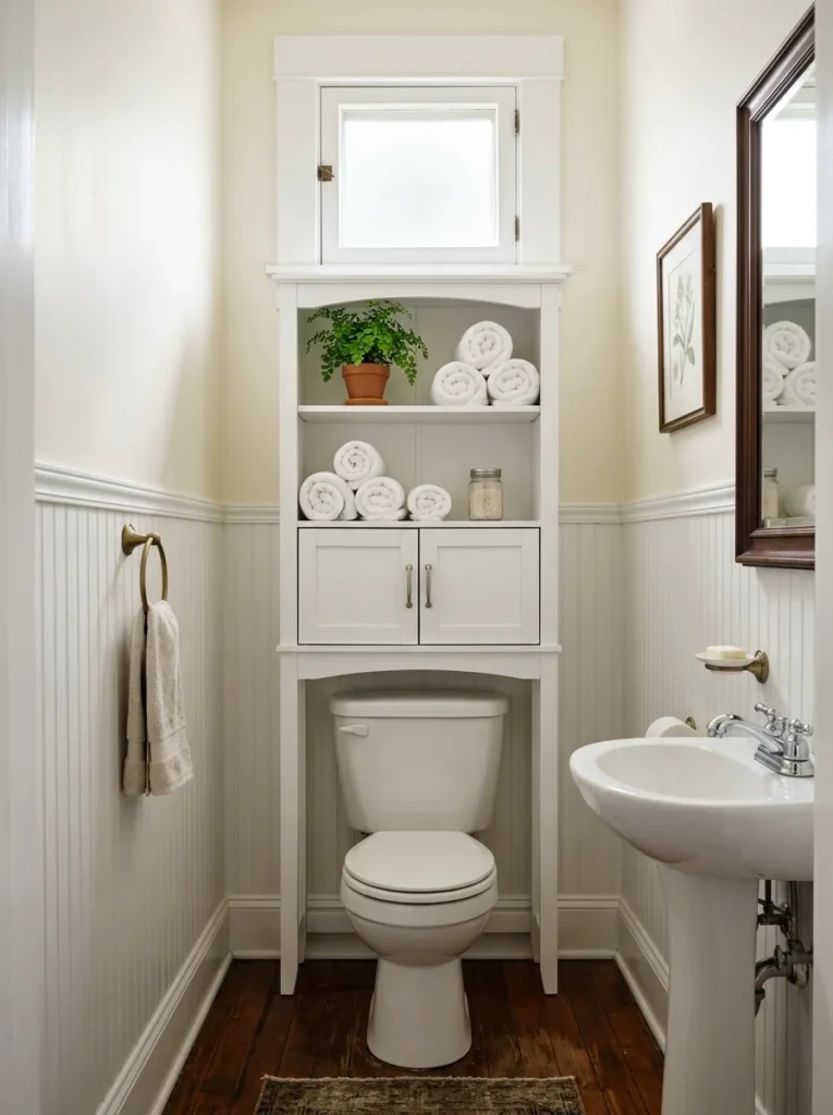 Slim white over-toilet tower cabinet with open shelves and closed doors above the toilet