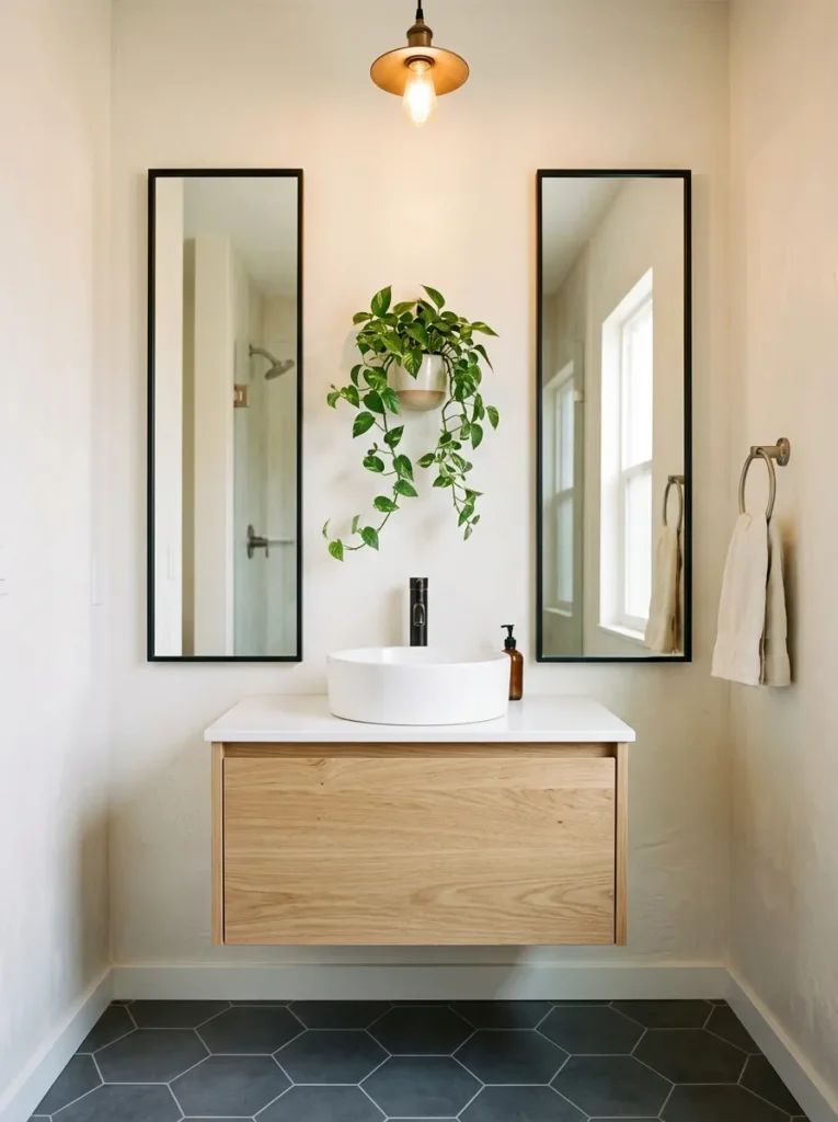 Two narrow black-framed vertical mirrors flanking a white oak floating vanity with a small wall-mounted planter centered above the faucet
