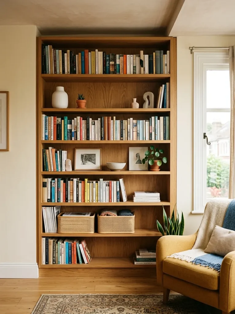 Floor-to-ceiling oak bookcase in a small apartment living room, upper shelves with ceramics and books, lower shelves with woven baskets