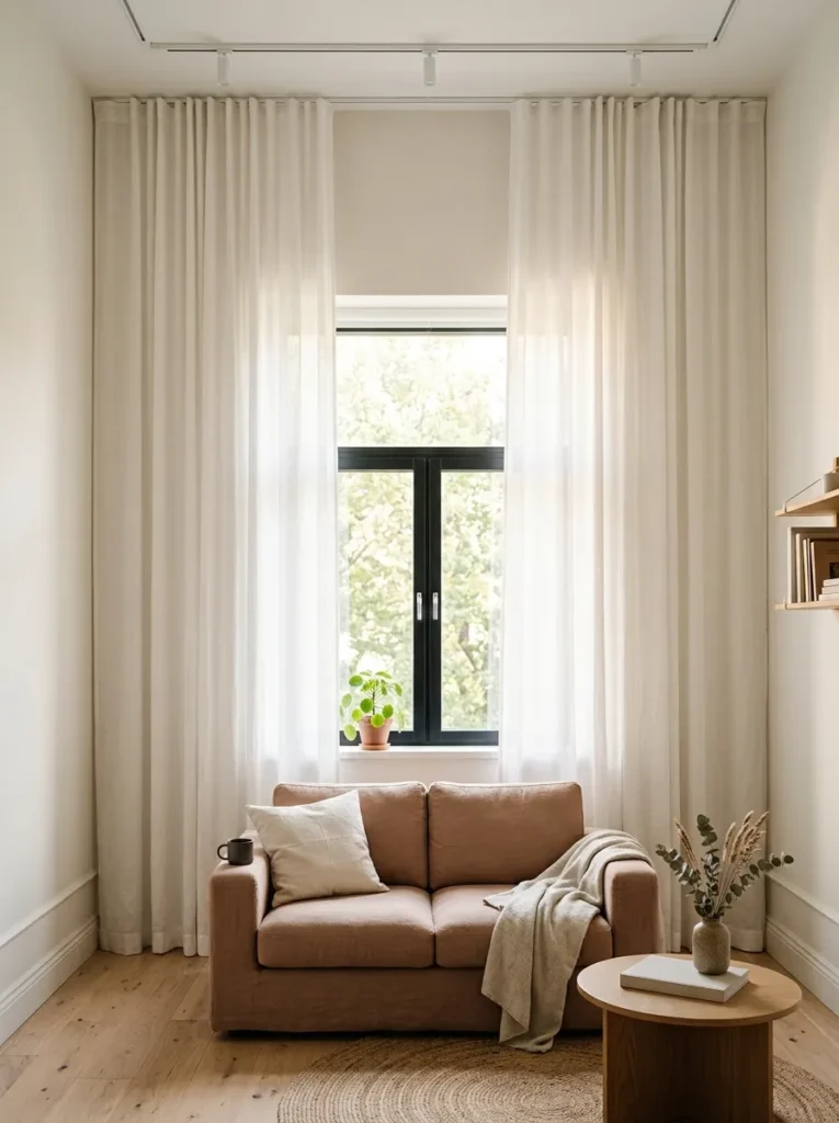 Small apartment living room with white linen curtains hung from ceiling to floor, emphasizing vertical height above a compact clay sofa