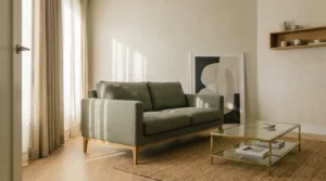 Small apartment living room with a sage linen sofa, glass coffee table, leaned large artwork, and floor-to-ceiling curtains in warm morning light