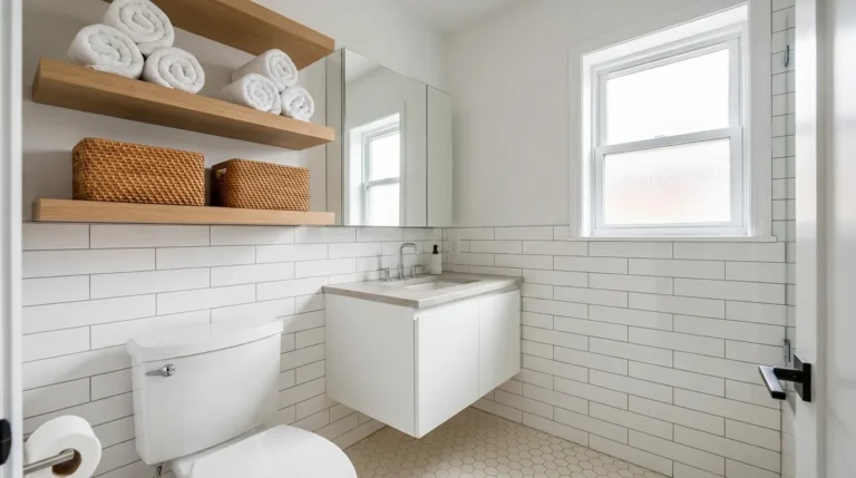 Small bathroom with floating shelves above the toilet, a recessed medicine cabinet, and wicker baskets