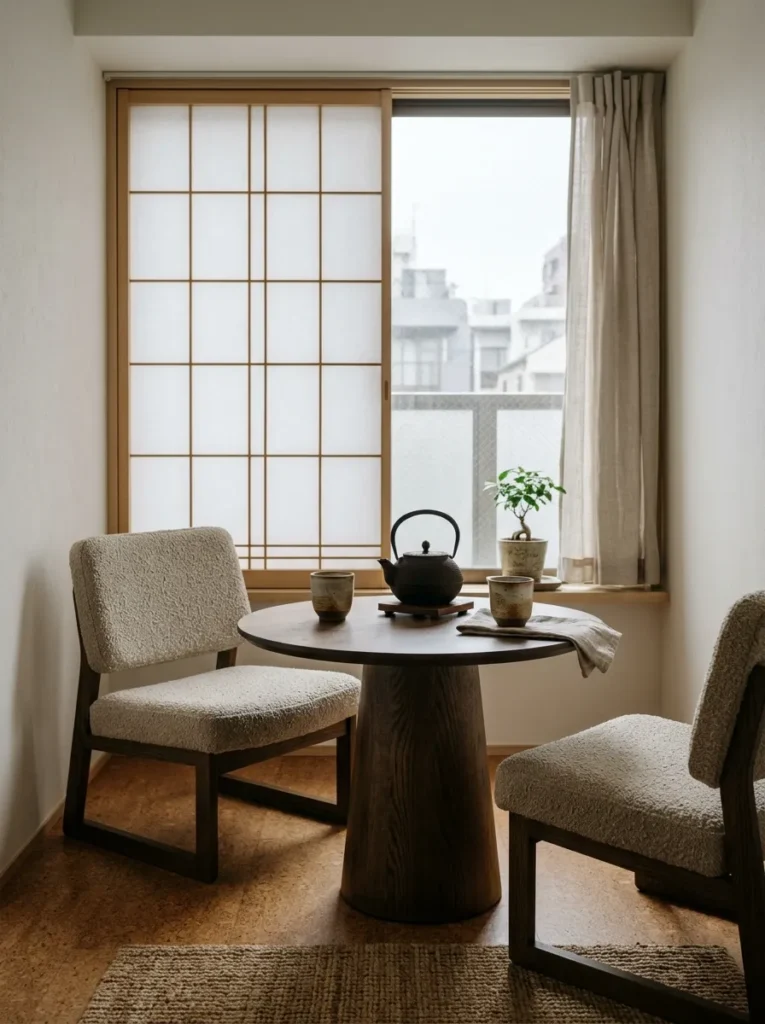 Small breakfast corner with a smoked oak pedestal table and low Japandi boucle chairs in a minimalist Tokyo apartment.