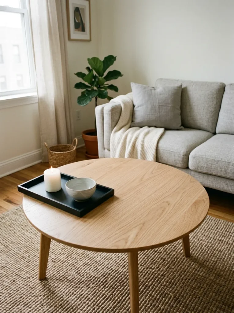 Small round oak coffee table with a matte black tray holding only a white pillar candle and a pale grey ceramic bowl, the other half left clear

