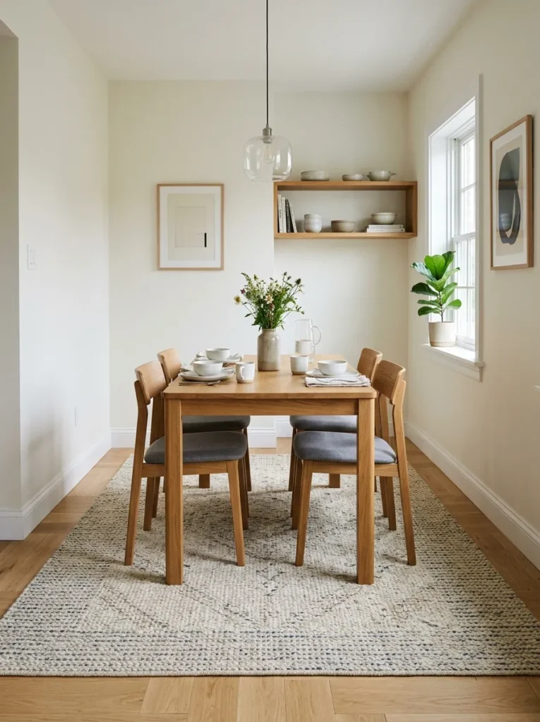 Small dining room with a large rug filling most of the floor area beneath a four-seat table, showing that the correct rug size dominates a small room appropriately
