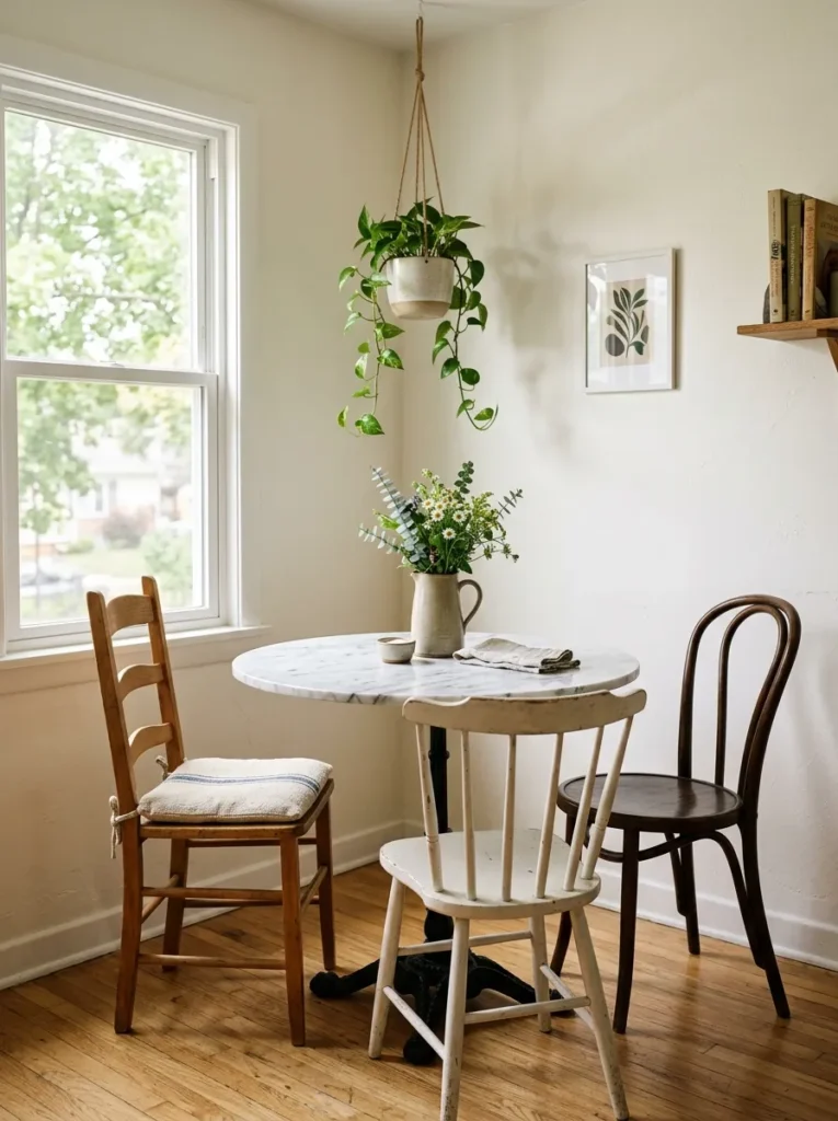 Small kitchen breakfast spot with a round marble-top table and three mismatched chairs near a wall