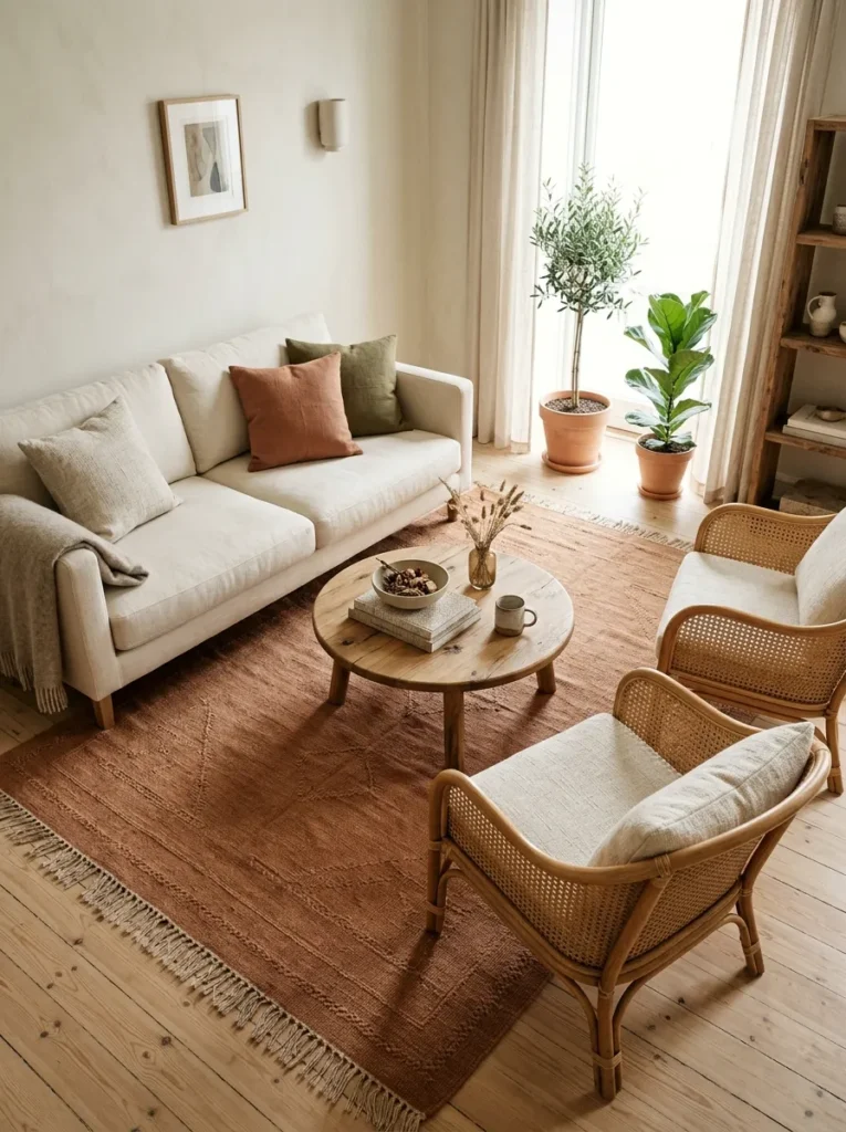 Small apartment living room with all seating furniture resting on a single large terracotta flatweave rug, creating a unified seating zone