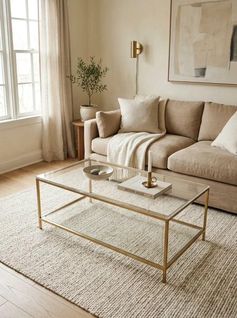 Clear acrylic and brass coffee table in a small living room with the rug and floor visible through the transparent surface