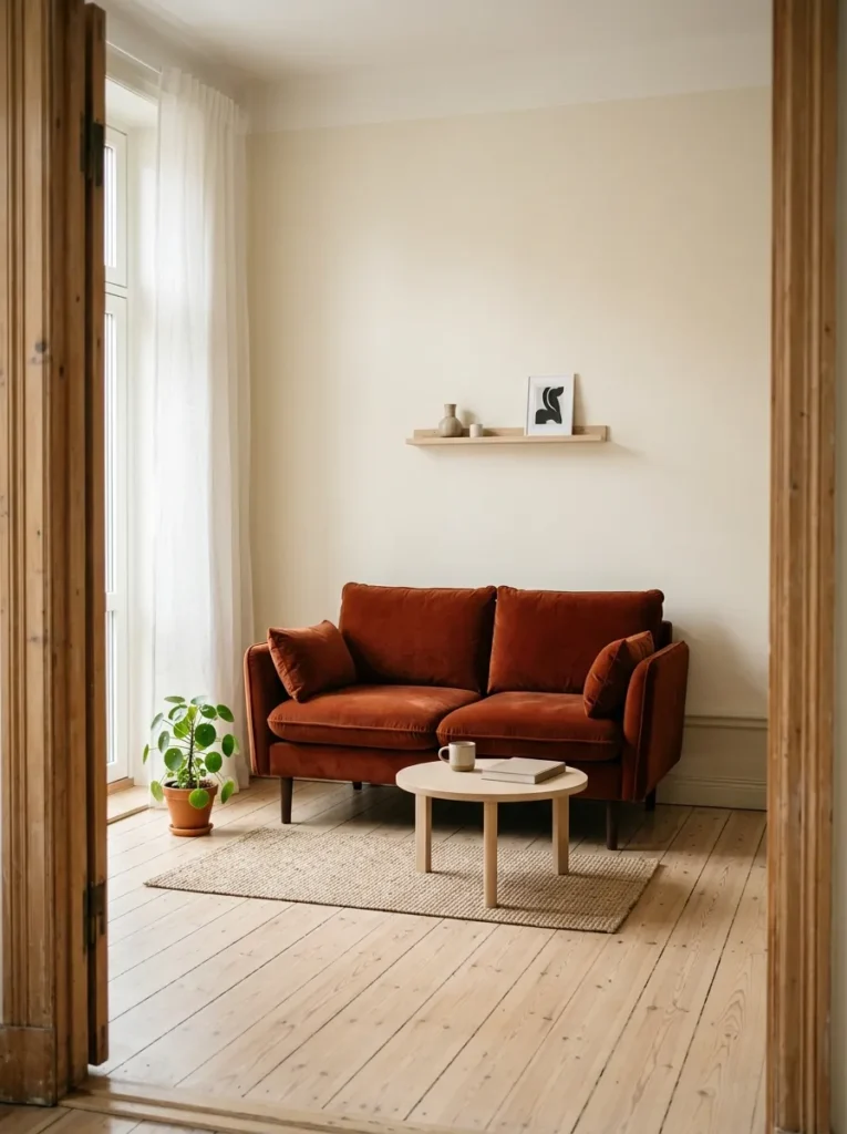 Small apartment living room with a rust velvet sofa as the single statement piece, all surrounding furniture and decor deliberately neutral