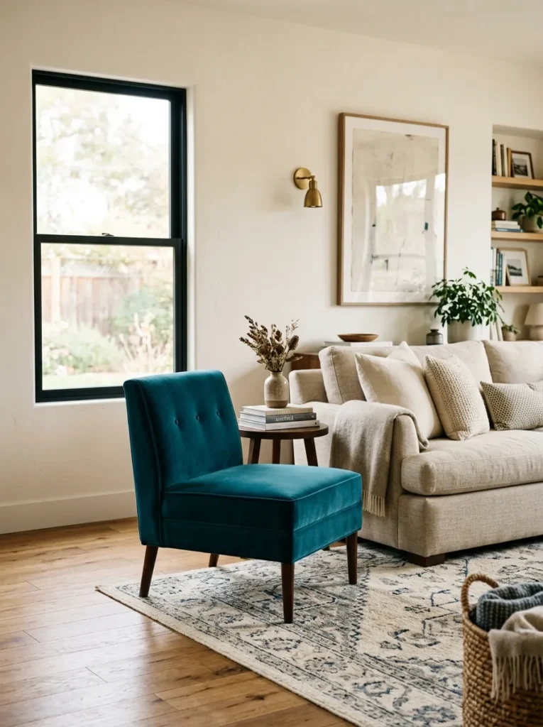 Deep teal velvet armless slipper chair beside a sofa in a small living room, showing how a compact chair footprint allows a bold color accent without crowding the floor plan