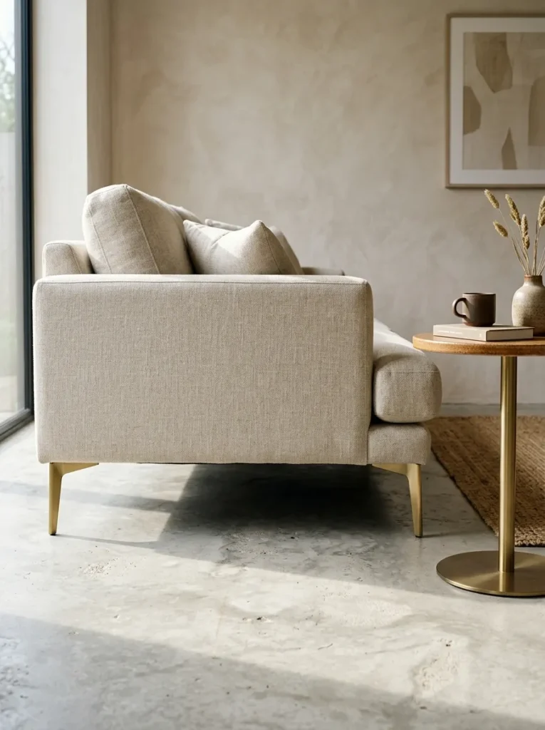Compact oatmeal linen sofa with slender brass legs in a small living room, sunlight casting shadows beneath the frame