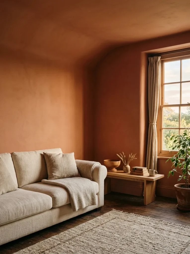 Small apartment living room with walls and ceiling painted the same warm terracotta, a cream linen sofa contrasting against the enveloping color