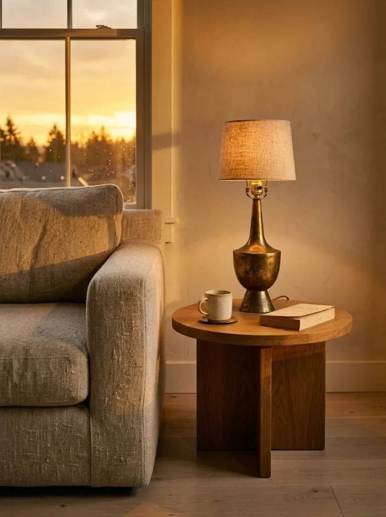 Small apartment living room corner showing cohesive material palette of warm oak, oatmeal linen upholstery, and aged brass lamp