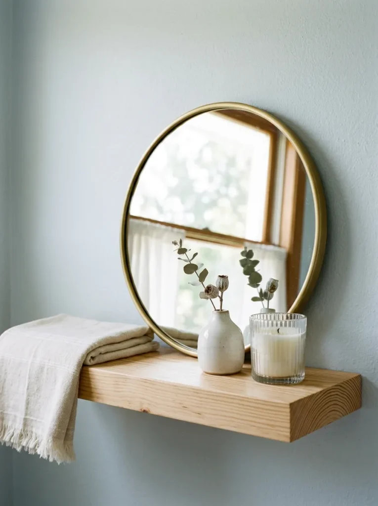 Small brass-framed round mirror leaned on a pine bathroom shelf beside a bud vase and glass candle holder
