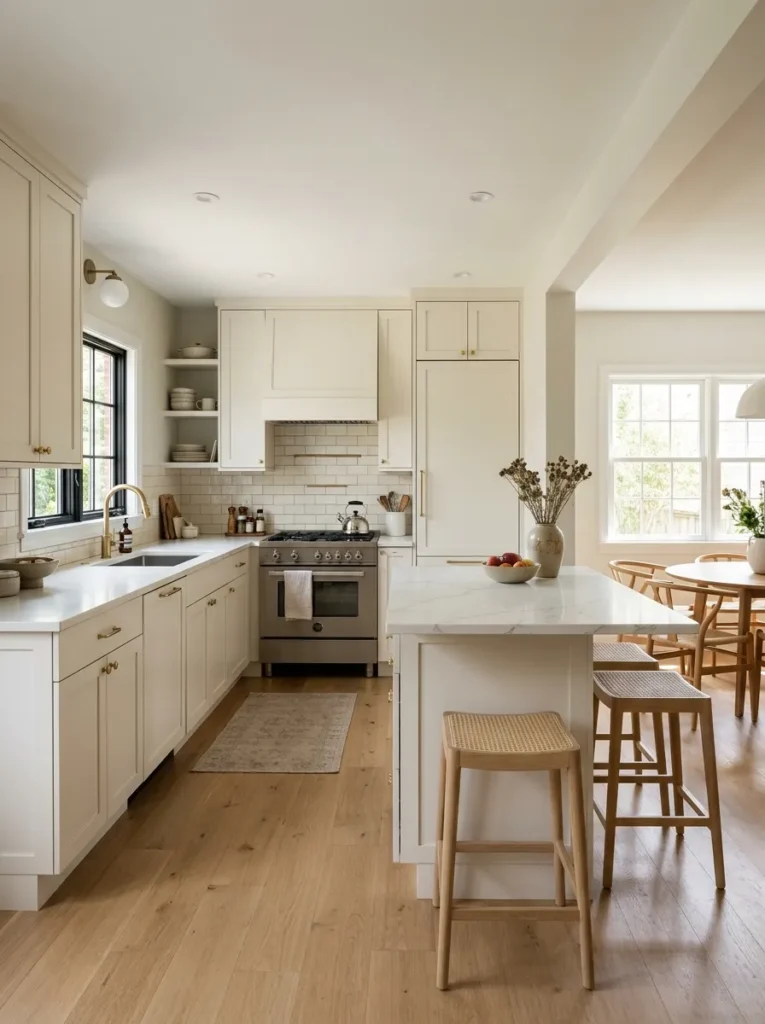 Small U-shaped kitchen with one wall opened to an adjacent dining area via a low peninsula counter, two stools on the dining side

