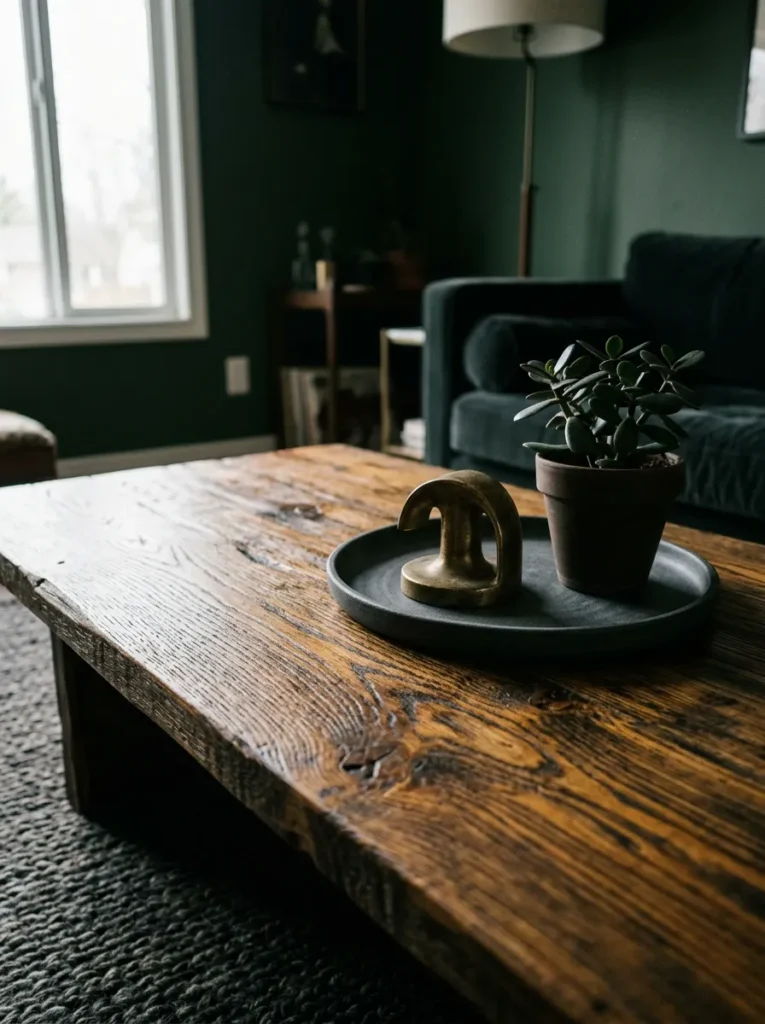 Smoked oak coffee table with visible fumed grain, ceramic tray, and aged brass object in front of deep green living room walls
