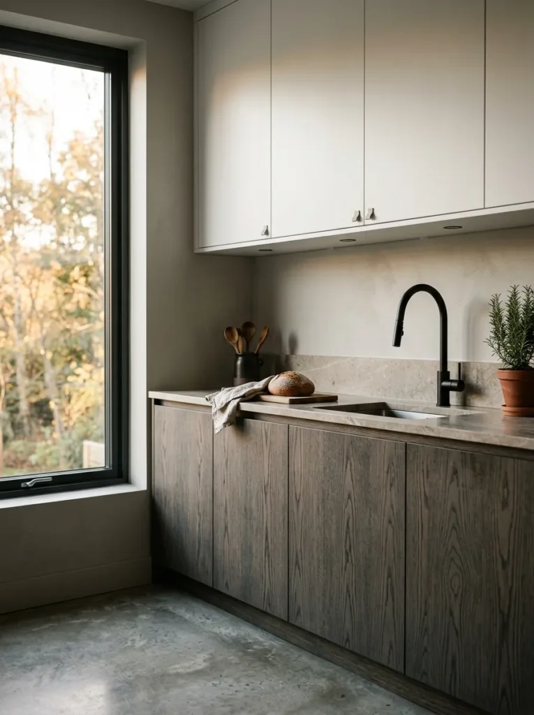 Contemporary kitchen with smoked oak veneer lower cabinets, pale taupe quartzite countertop, and white upper cabinets in warm afternoon light
