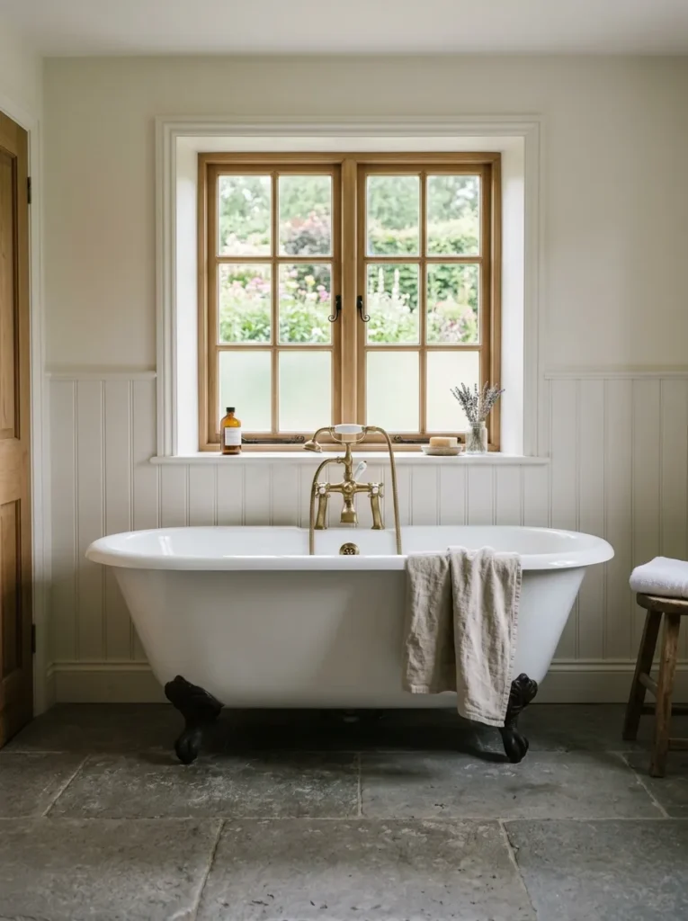 Freestanding clawfoot soaking tub positioned directly beneath a large window with garden view