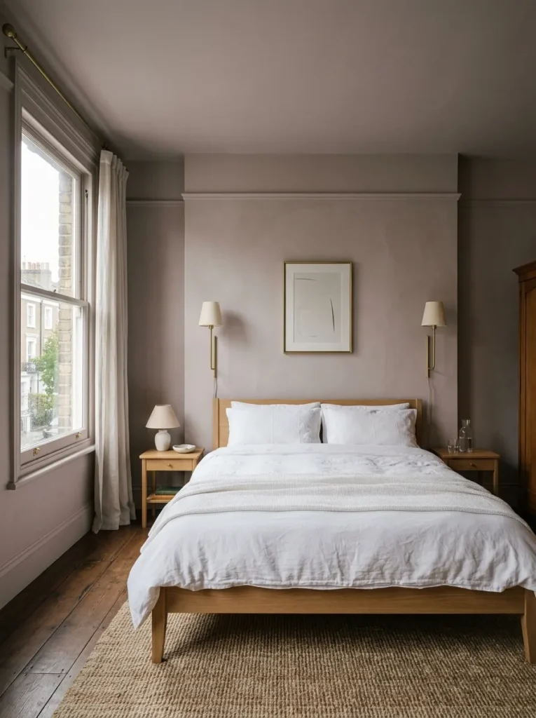 Feminine bedroom with full blush dusty rose walls and ceiling in the same muted tone