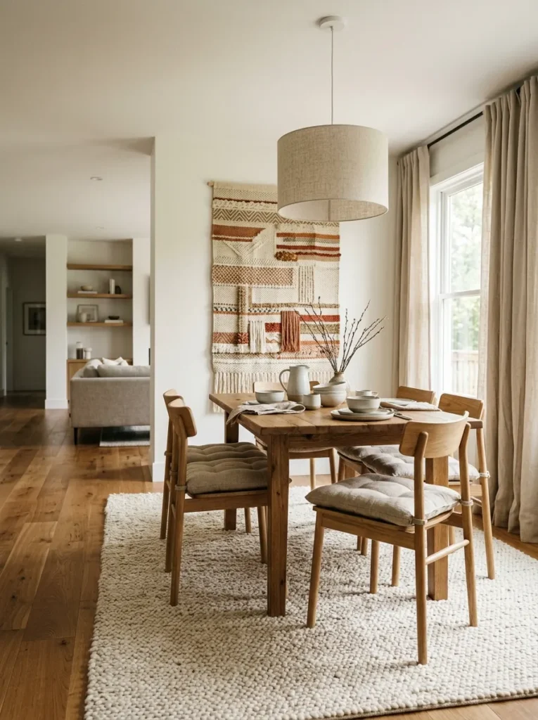 Open plan dining area with textured wool rug, linen chair cushions, woven wall tapestry, and linen curtains for acoustic softening