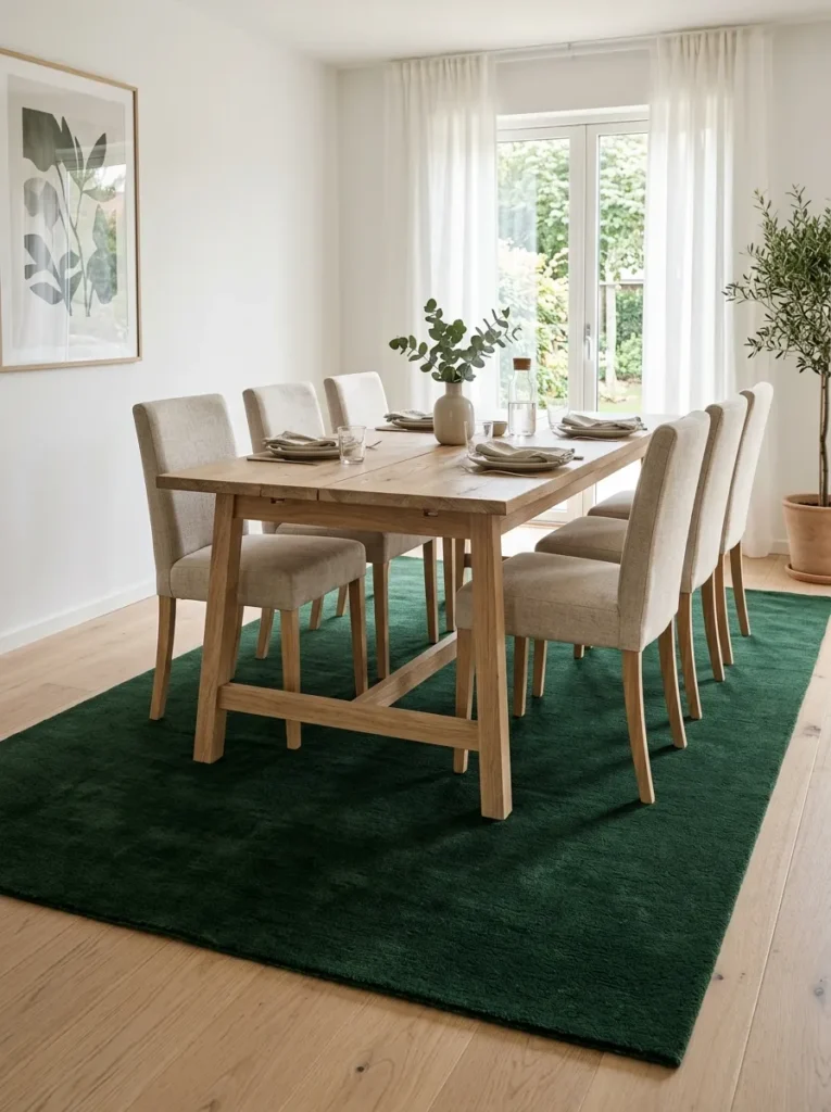 Light dining room with white walls and an oak table where a solid deep forest green wool rug creates strong visual grounding beneath the pale furniture
