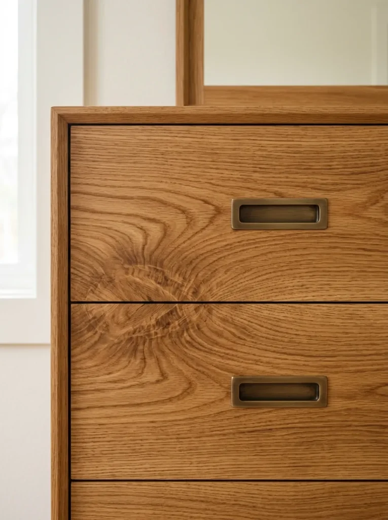 Close-up of solid oak dresser drawers with continuous grain pattern and brushed bronze recessed pulls
