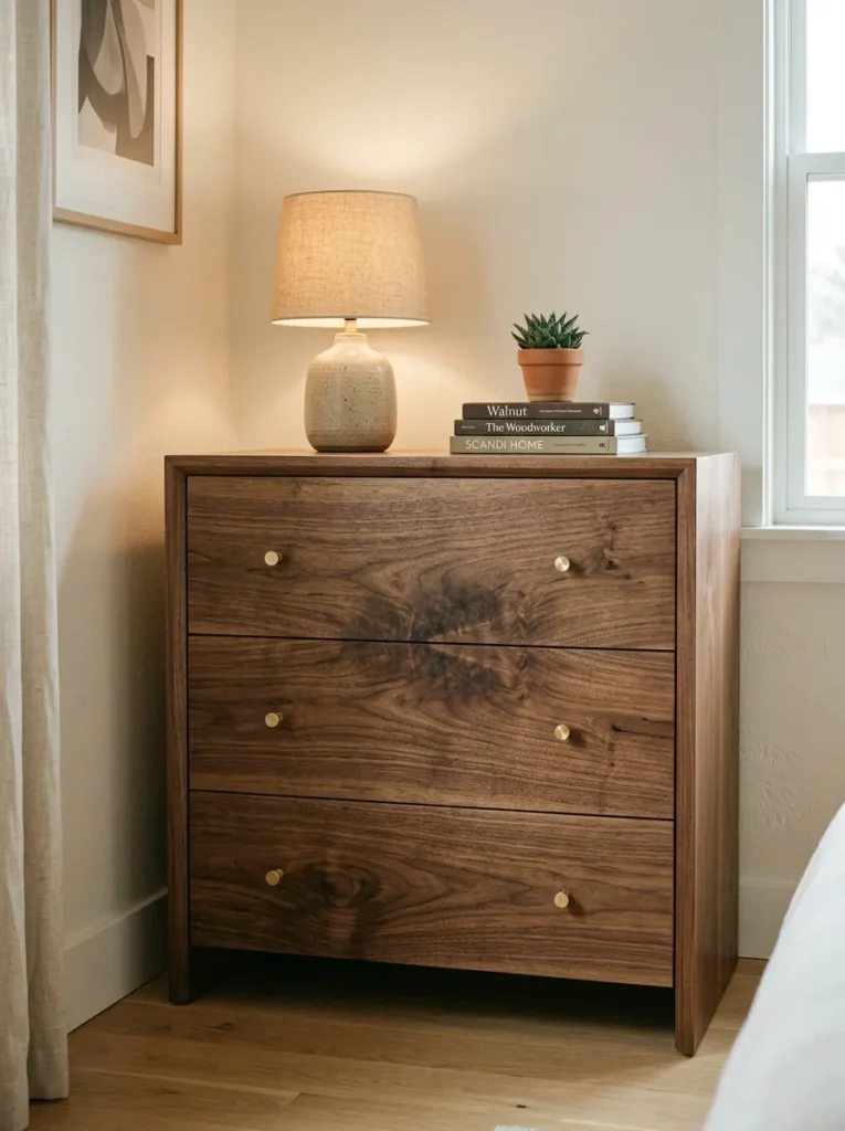 Solid walnut dresser with clean unornamented lines and continuous wood grain, brushed brass pulls, in a contemporary bedroom
