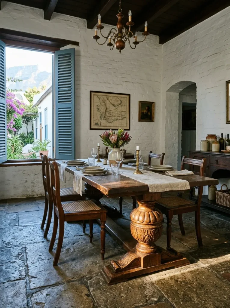 Turned oak pedestal base supporting a long dining table in a Cape Town colonial-style dining room.