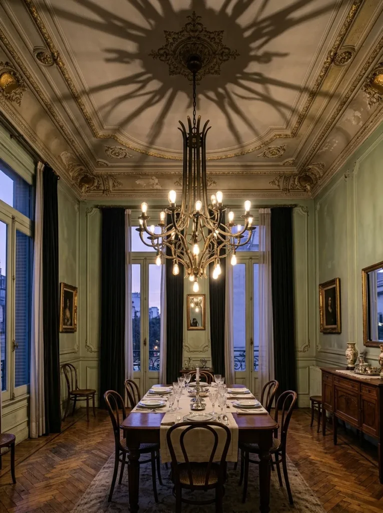 Sculptural unlacquered-metal chandelier hanging in a high-ceilinged Belle Époque dining room.